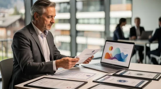 Geschäftsmann mittleren Alters analysiert Bildungszertifikate und Karriereoptionen an modernem Arbeitsplatz