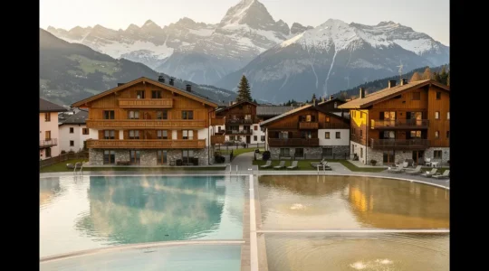 Panoramablick auf Schweizer Kurorte mit Thermalwasser und Bergen im Hintergrund