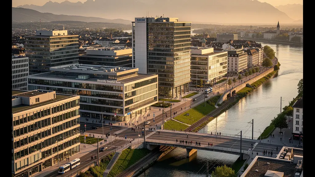 Panoramablick über Basel Pharma-Cluster mit Universitätsspital und Forschungsgebäuden