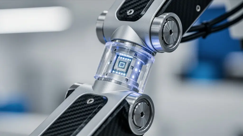 Nahaufnahme eines Cobot-Gelenks mit integrierten Sicherheitssensoren im Schweizer Produktionsumfeld