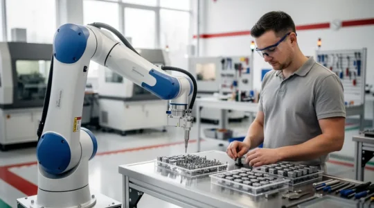 Kollaborativer Roboter arbeitet Hand in Hand mit Mitarbeitern in einer modernen Schweizer Produktionshalle