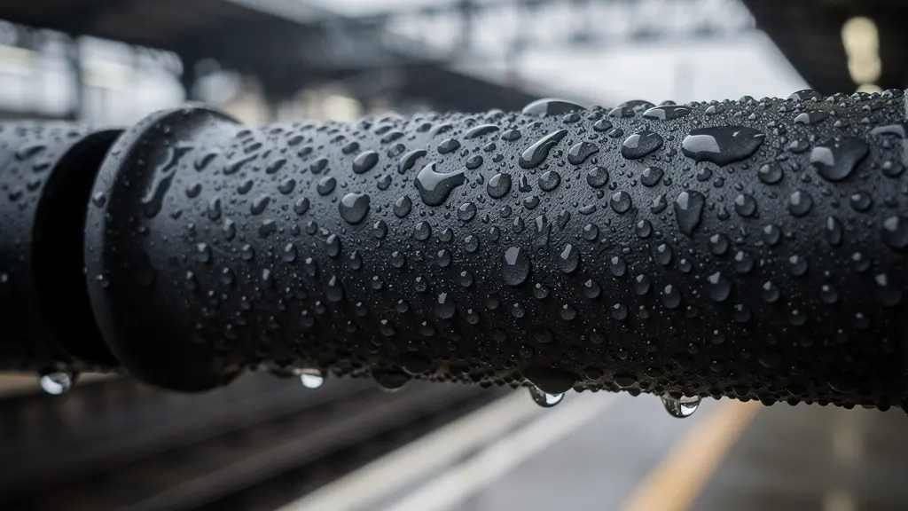 Pendler mit wetterfestem E-Scooter bei Regenwetter am Bahnhof