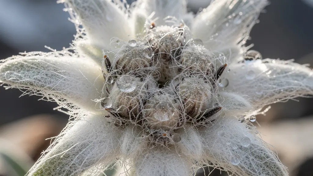Makroaufnahme von Edelweiss mit schützenden Haaren gegen UV-Strahlung