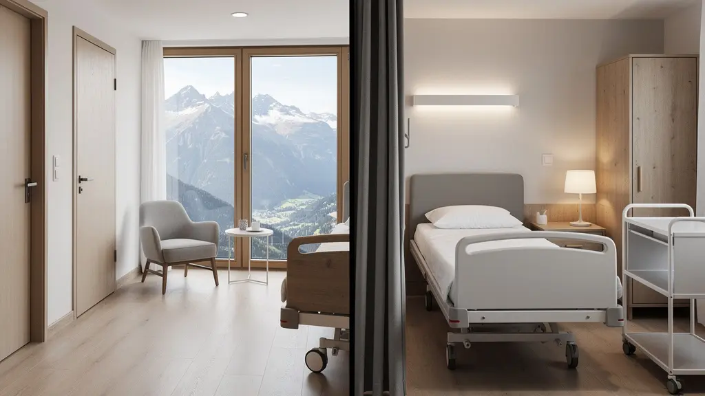 Modernes Einzelzimmer und Zweibettzimmer im Schweizer Spital nebeneinander