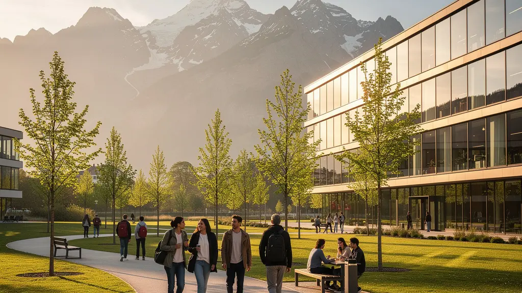 Blick auf einen modernen Universitätscampus mit Studierenden auf dem Weg zu futuristischen Gebäuden