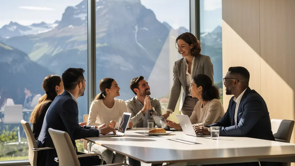 Diverse Expats arbeiten gemeinsam in einem modernen Schweizer Büro mit Alpenblick