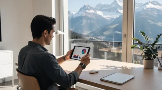 Person überwacht ihre Vitalwerte mit medizinischen Apps und Smartwatch in einem modernen Schweizer Zuhause