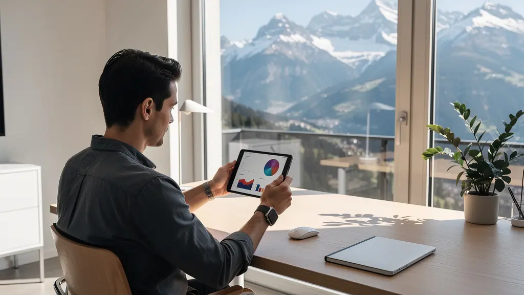 Person überwacht ihre Vitalwerte mit medizinischen Apps und Smartwatch in einem modernen Schweizer Zuhause