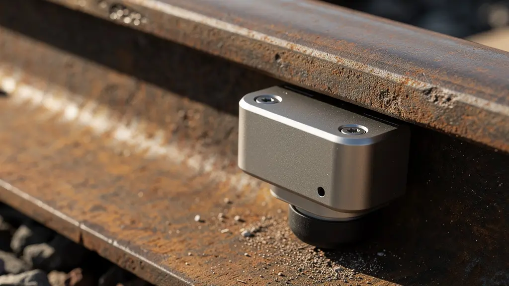 Makroaufnahme eines Wartungssensors an einer Bahnschiene im Detail