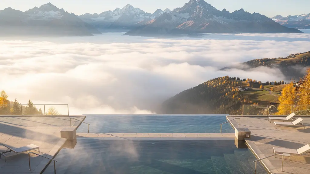 Alpiner Kurort über dem Nebelmeer mit Thermalbad im Herbstlicht