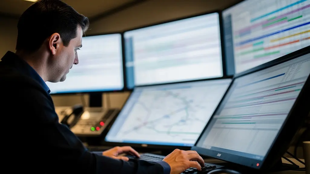 Knotenmanager in der Betriebszentrale überwacht mehrere Bildschirme mit Zugbewegungen