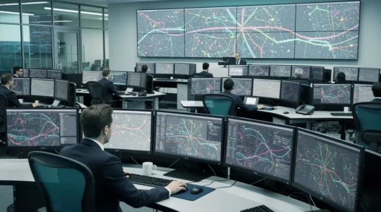 Moderne Bahnleitzentrale mit Arbeitsplätzen und Überwachungstechnologie