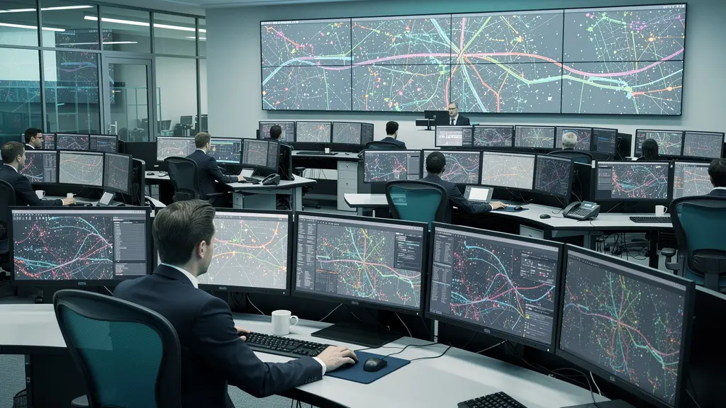 Moderne Bahnleitzentrale mit Arbeitsplätzen und Überwachungstechnologie