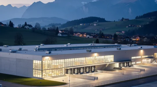 Nächtlicher Betrieb eines modernen Logistikzentrums im Schweizer Mittelland mit automatisierten Förderbändern