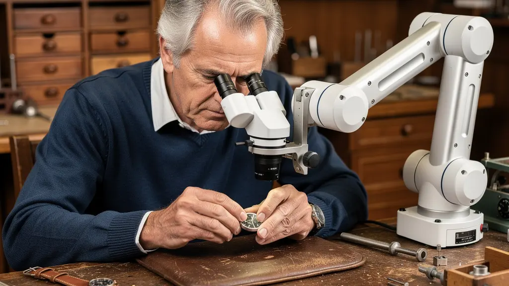 Erfahrener Uhrmacher und Cobot arbeiten gemeinsam an filigraner Montage in Schweizer Manufaktur
