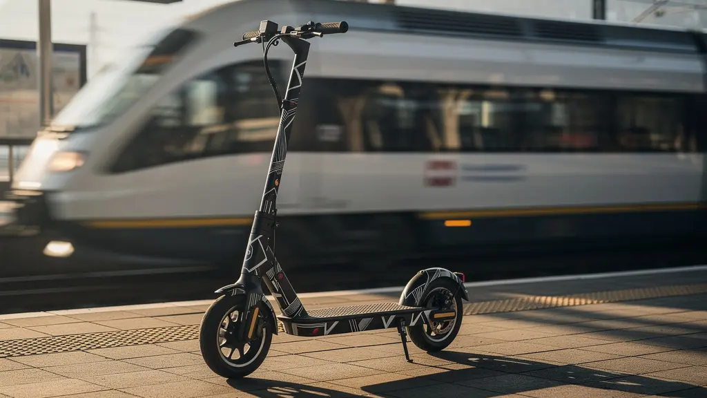 Pendler mit E-Trotti am Schweizer Bahnhof