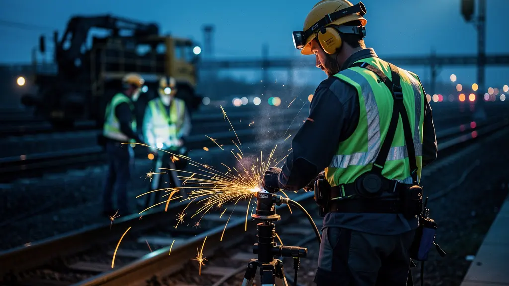 Gleisbauarbeiten bei Nacht mit Spezialmaschinen