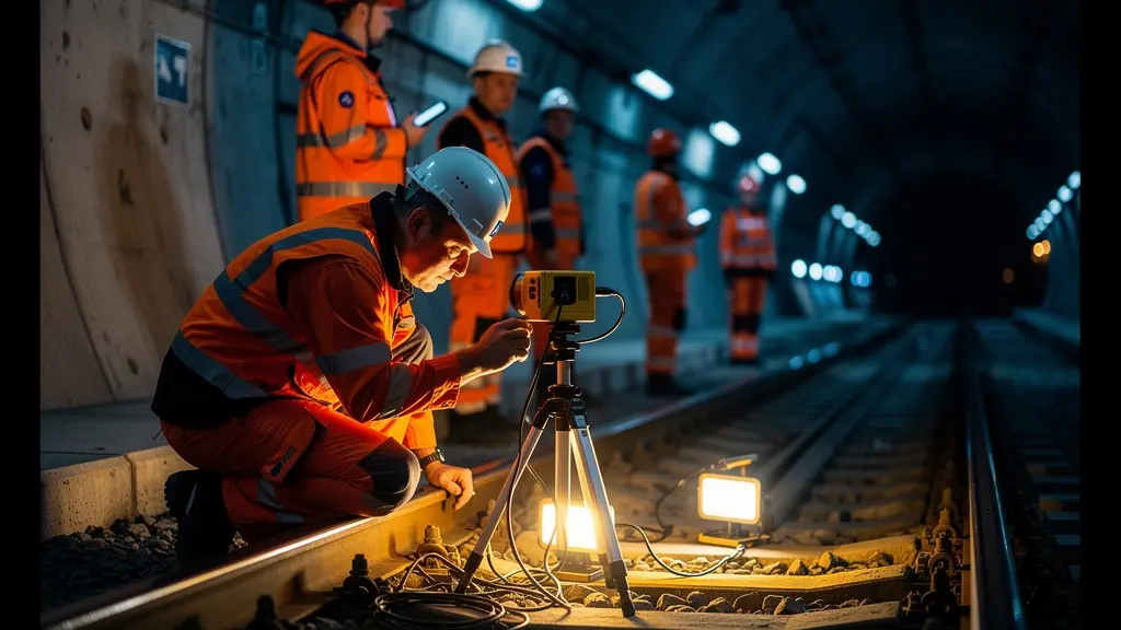 Spezialisierte Wartungsteams bei hochpräzisen Gleisarbeiten im beleuchteten Tunnelabschnitt