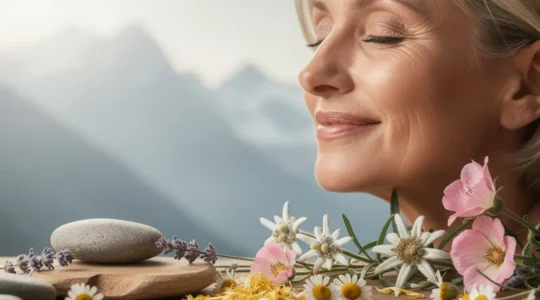 Frau mit strahlendem Teint umgeben von Schweizer Alpenblumen und natürlichen Pflegeingredienzen