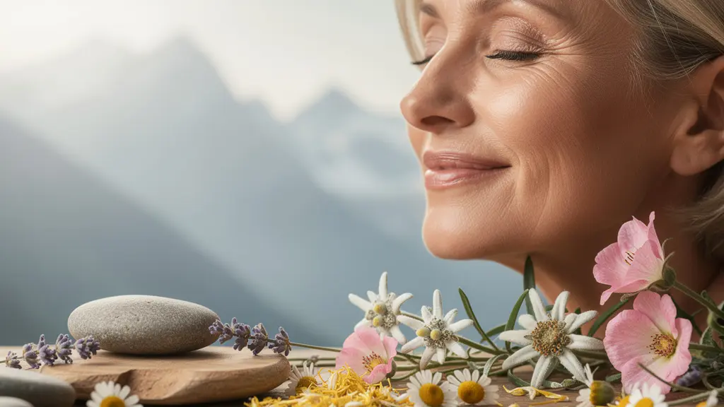 Frau mit strahlendem Teint umgeben von Schweizer Alpenblumen und natürlichen Pflegeingredienzen