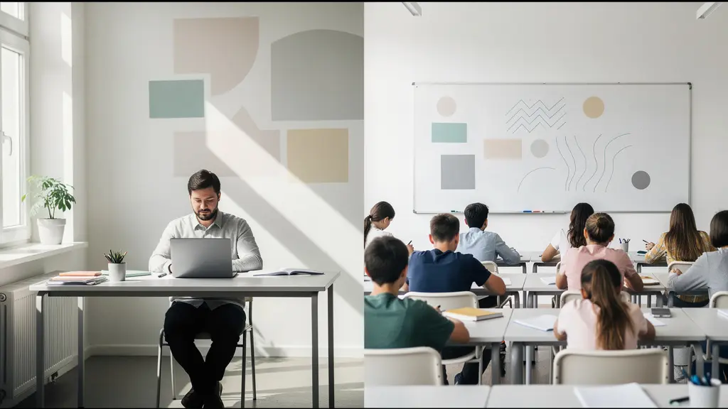 Geteilte Bildkomposition zeigt Person beim Online-Lernen und in Präsenzschulung