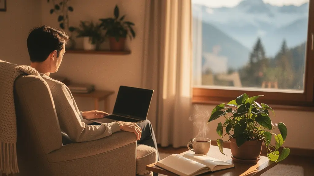 Eine Person in einem gemütlichen Zuhause in der Schweiz, die eine Online-Therapiesitzung beendet hat, mit Blick auf die Alpen.