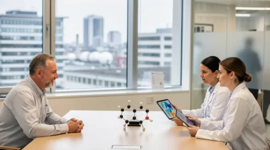 Patient in einer Schweizer Universitätsklinik im Gespräch mit Forschungsärzten über klinische Studienmöglichkeiten