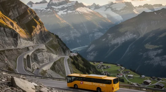 Ein gelbes Postauto fährt durch eine spektakuläre Schweizer Alpenlandschaft mit schneebedeckten Gipfeln im Hintergrund
