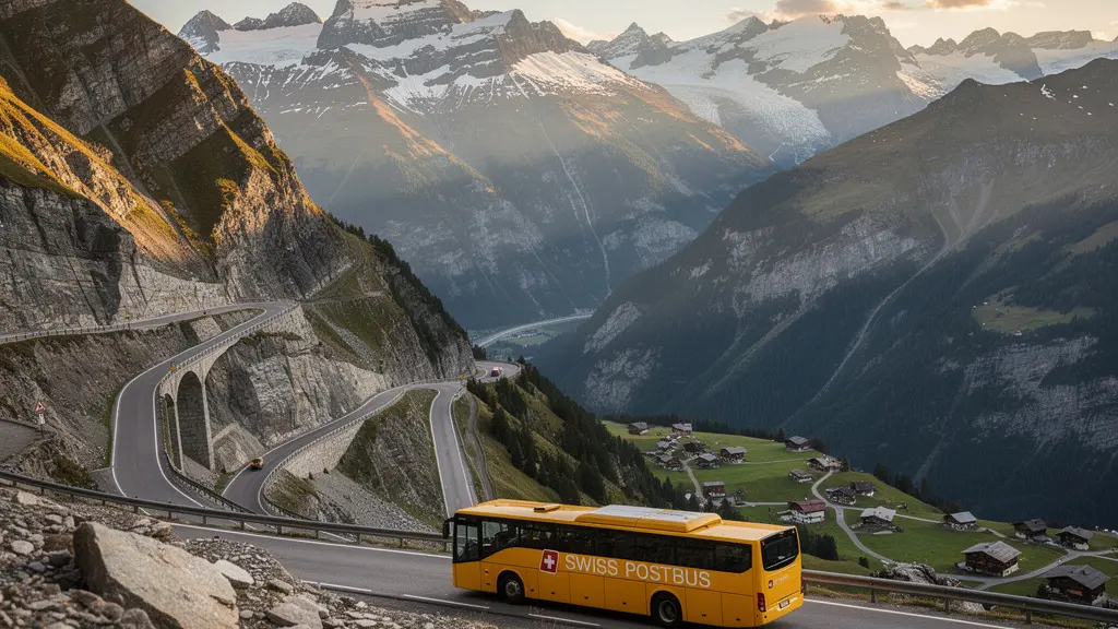 Ein gelbes Postauto fährt durch eine spektakuläre Schweizer Alpenlandschaft mit schneebedeckten Gipfeln im Hintergrund