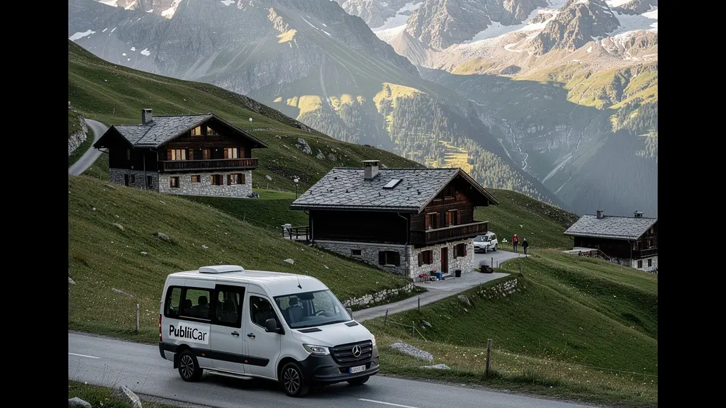 Ein kleinerer PubliCar Rufbus erreicht ein abgelegenes Schweizer Bergdorf ohne regulären Linienbetrieb