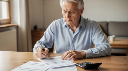 Ein Schweizer Rentner berechnet seine Pensionskassenleistungen am Tisch mit Dokumenten und Taschenrechner
