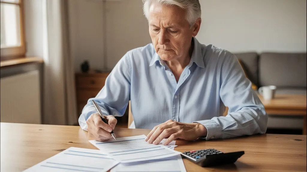 Ein Schweizer Rentner berechnet seine Pensionskassenleistungen am Tisch mit Dokumenten und Taschenrechner