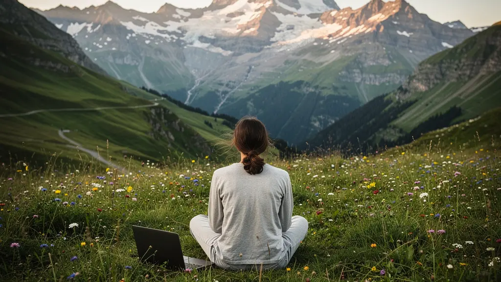 Person sitzt mit Laptop auf einer Almwiese mit Blick auf schneebedeckte Schweizer Berge
