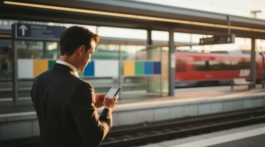 Smartphone zeigt SBB App mit EasyRide Funktion am Bahnhof