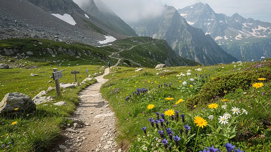 Markierter Wanderweg in den Schweizer Alpen zum Schutz der Vegetation