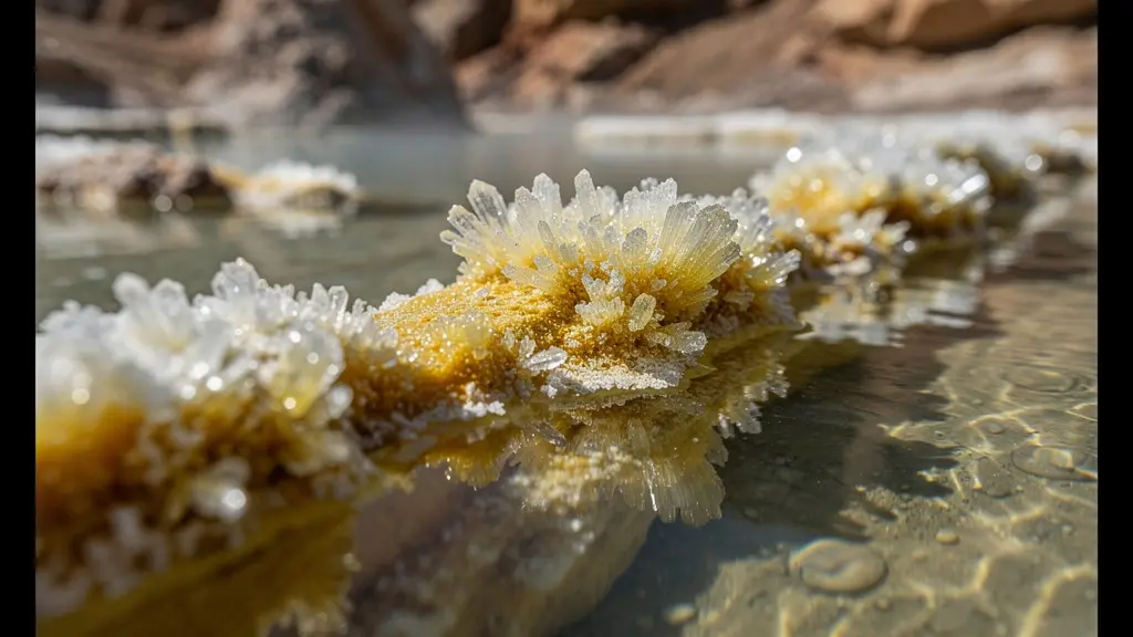 Makroaufnahme von mineralisiertem Thermalwasser mit sichtbaren Schwefel- und Salzkristallen