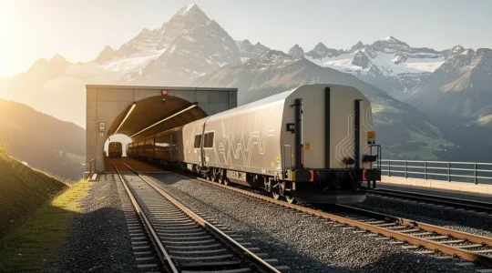 Güterzüge durchqueren die Schweizer Alpenlandschaft auf mehrgleisigen Bahnanlagen