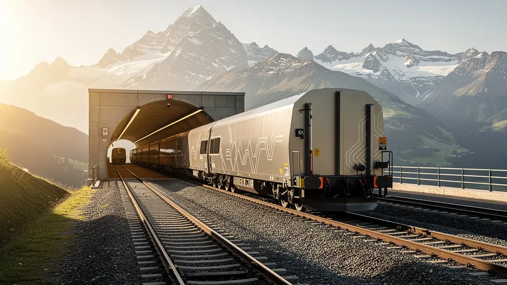 Güterzüge durchqueren die Schweizer Alpenlandschaft auf mehrgleisigen Bahnanlagen