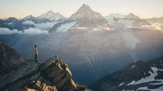 Panoramablick auf schneebedeckte Schweizer Alpengipfel mit Wanderer in meditativer Haltung