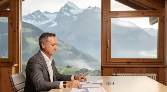 Schweizer Investor analysiert Dividendenportfolio mit Finanzunterlagen und Bergen im Hintergrund