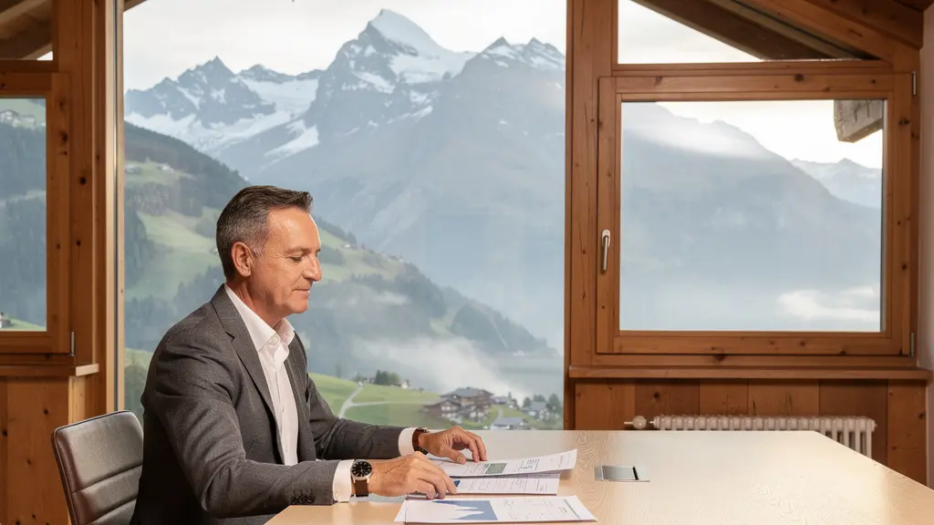 Schweizer Investor analysiert Dividendenportfolio mit Finanzunterlagen und Bergen im Hintergrund