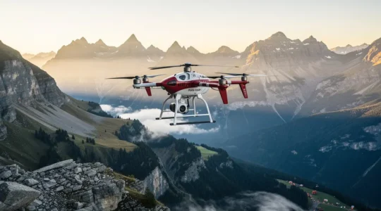Drohne über Schweizer Alpenlandschaft bei Rettungseinsatz mit Wärmebild-Display