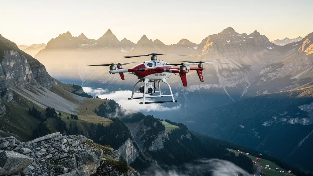 Drohne über Schweizer Alpenlandschaft bei Rettungseinsatz mit Wärmebild-Display