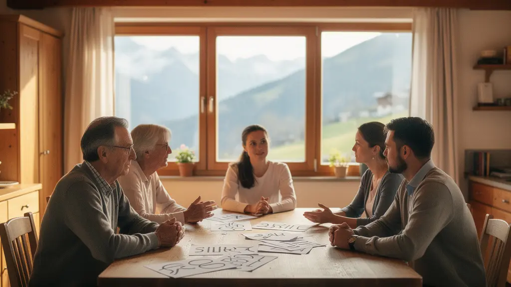 Dreigenerationenfamilie diskutiert Finanzplanung in einem Schweizer Wohnzimmer