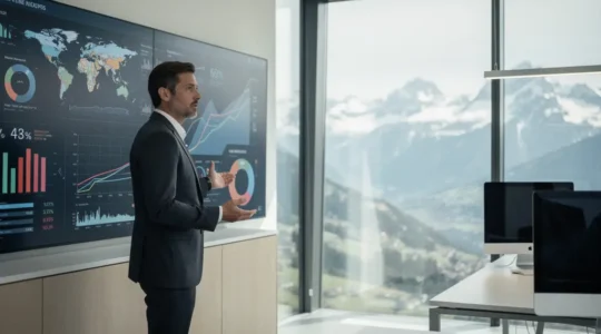 Schweizer KMU-Führungskraft analysiert globale Exportmärkte in modernem Büro mit Alpenblick