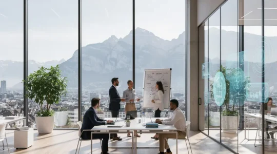 Schweizer KMU-Führungskräfte in moderner Büroumgebung diskutieren Digitalisierungsstrategien