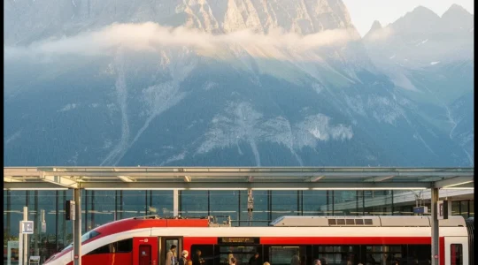 Moderner Schweizer Zug in alpiner Landschaft mit Bahnhof und Passagieren