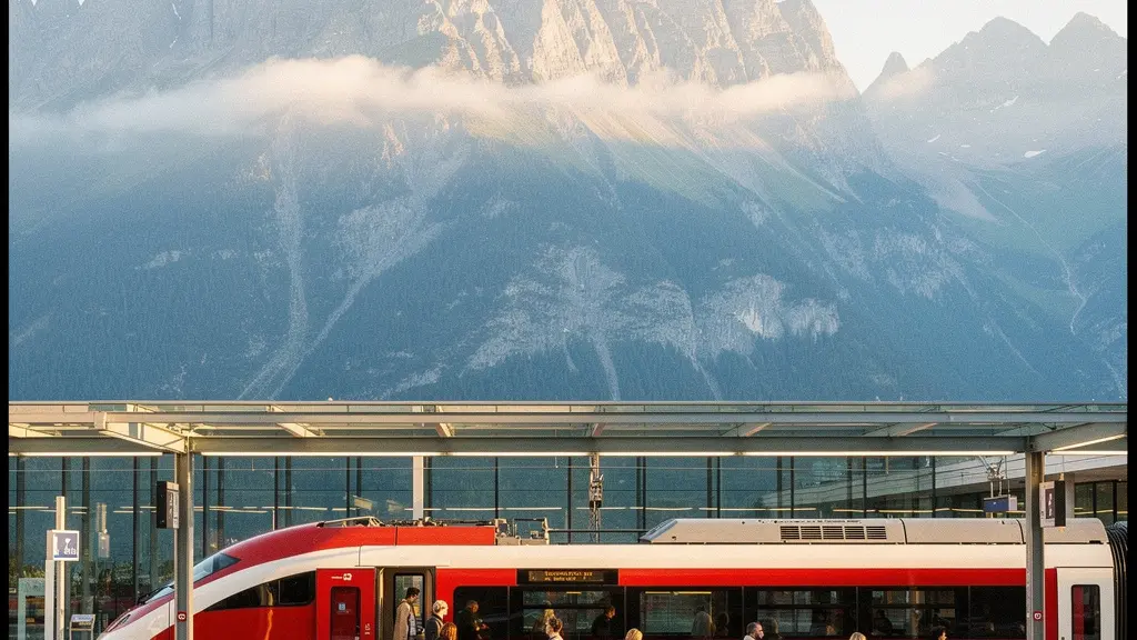 Moderner Schweizer Zug in alpiner Landschaft mit Bahnhof und Passagieren