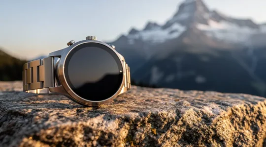 Moderne Smartwatch mit Schweizer Präzisionstechnologie in alpiner Umgebung