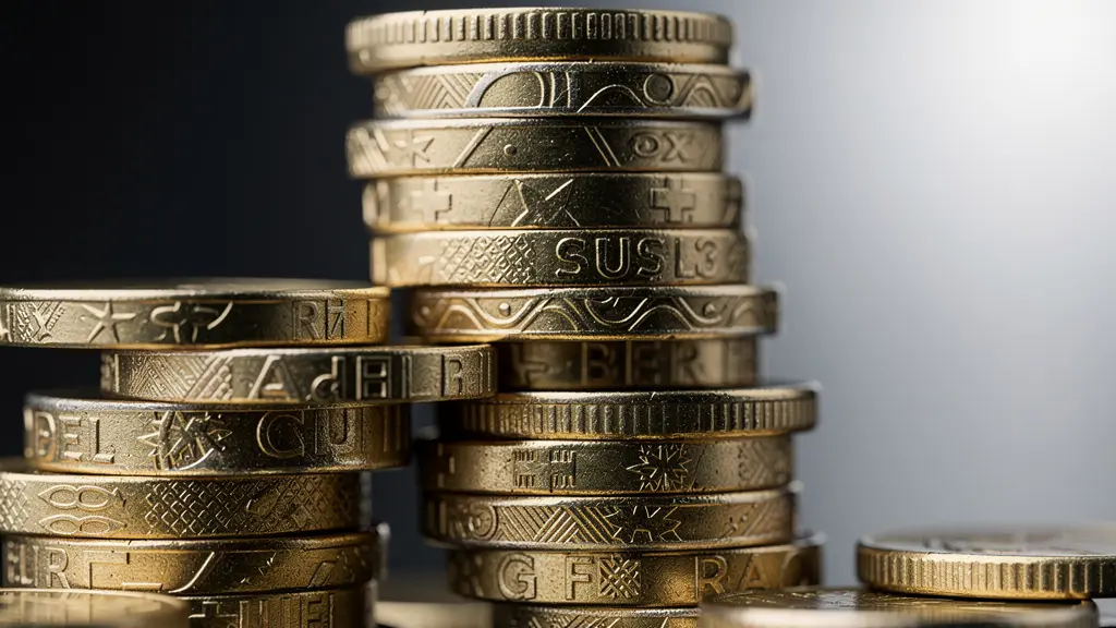 Makroaufnahme von gestapelten Schweizer Frankenmünzen mit Tiefenunschärfe